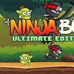 Ninja med rødt pannebånd hopper blant små grønne og brune skapninger i en skog