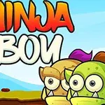 En tegneserieaktig ninja med rødt pannebånd står overfor to monstre under teksten Ninja Boy mot en klar himmel