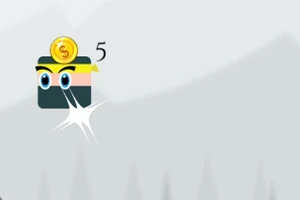 En emoji-lignende figur med briller og et gult pannebånd, med en gullmynt over hodet og tallet fem ved siden av, på en grå bakgrunn