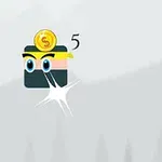 En emoji-lignende figur med briller og et gult pannebånd, med en gullmynt over hodet og tallet fem ved siden av, på en grå bakgrunn