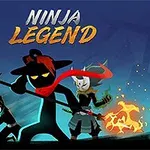 Tre stiliserte ninja-figurer med våpen i midten av et blått og svart landskap, med teksten Ninja Legend øverst