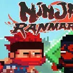To pixelkarakterer, en med rødt skjerf og en med svart maske, står under teksten Ninja Ranmaru