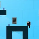 En tegnet figur i svart antrekk står på en plattform i et blått rom med rektangulære åpninger og noen små objekter