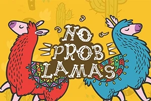 To illustrasjoner av lamaer, en rød og en blå, med teksten No Prob Lamas på en gul bakgrunn