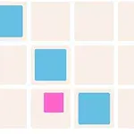 Flere beige ruter med tre blå og en rosa firkant ulike steder på rutemønsteret