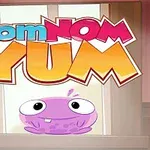 Fargerik illustrasjon med teksten nom NOM YUM over en lilla, tegneserieaktig skapning med store øyne