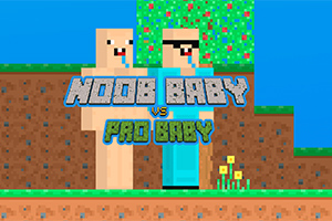 To pikselerte figurer står på en blokkete jordoverflate foran en grønn løvrik bakgrunn, med teksten Noob Baby vs Pro Baby i midten