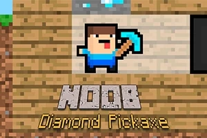 En pikselert figur med blå skjorte holder en diamantøks foran teksten NOOB Diamond Pickaxe på en trevegg