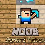 En pikselert figur med blå skjorte holder en diamantøks foran teksten NOOB Diamond Pickaxe på en trevegg