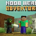 Tegnet karakter med blå t-skjorte omgitt av monstre og teksten Noob Hero Adventure i blokkbokstaver øverst