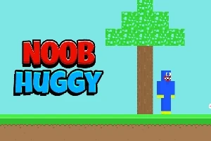 Pikselert figur i blå drakt ved siden av et pikselert tre, med teksten Noob Huggy i store bokstaver