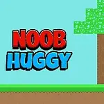 Pikselert figur i blå drakt ved siden av et pikselert tre, med teksten Noob Huggy i store bokstaver