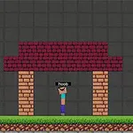 Pixelerte figurer, trær og en enkel struktur med en karakter under en tekst som sier Noob på en rutete bakgrunn