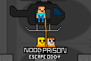 En pikselert mann er festet til et helikopter over teksten Noob Prison Escape Oggy med to figurer nedenfor