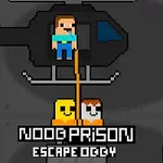 En pikselert mann er festet til et helikopter over teksten Noob Prison Escape Oggy med to figurer nedenfor