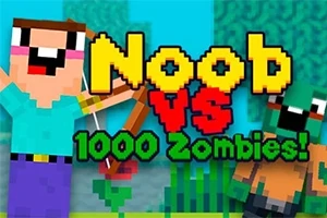 To figurer i blokkstil med teksten Noob vs 1000 Zombies!