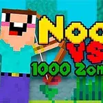 To figurer i blokkstil med teksten Noob vs 1000 Zombies!