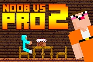 En blokkete figur i blått sitter ved et bord med en kake, mens en større figur i oransje ser på, med teksten Noob vs Pro 2 i bakgrunnen