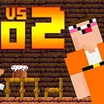 En blokkete figur i blått sitter ved et bord med en kake, mens en større figur i oransje ser på, med teksten Noob vs Pro 2 i bakgrunnen