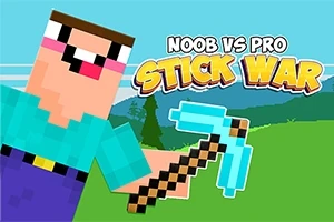 En blokkaktig figur i lyseblå skjorte holder en lyseblå hakke, med teksten Noob vs Pro Stick War i bakgrunnen