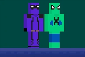 To pixel-animerte figurer i lilla og grønt står ved siden av hverandre mot en mørk bakgrunn
