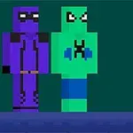 To pixel-animerte figurer i lilla og grønt står ved siden av hverandre mot en mørk bakgrunn