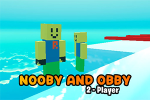 To klossfigurer med glade ansikter står på en lys blå plattform med teksten Nooby and Obby 2-Player under dem