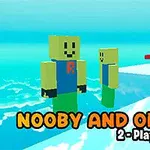 To klossfigurer med glade ansikter står på en lys blå plattform med teksten Nooby and Obby 2-Player under dem