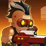 En tegnet figur med svart mohawk og vernebriller skyter en laserstråle fra et stort, futuristisk våpen i en industriell bakgrunn
