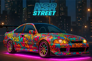 Fargerik bil med graffiti-design og neonlys under, plassert foran en bysilhuett om natten