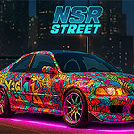 Fargerik bil med graffiti-design og neonlys under, plassert foran en bysilhuett om natten