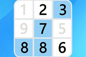 Et 3x3 rutenett med tallene 1, 2, 3, 9, 7, 5, 8, 8 og 6 på blå bakgrunn