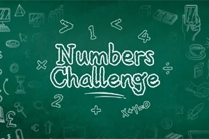 Grønn tavle med teksten Numbers Challenge i hvit skrift omgitt av matematiske symboler og tegninger