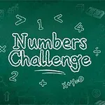 Grønn tavle med teksten Numbers Challenge i hvit skrift omgitt av matematiske symboler og tegninger