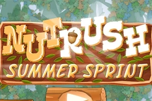 Tittelen Nut Rush Summer Sprint er skrevet med store, lekne bokstaver på en trestokk-bakgrunn med blader rundt