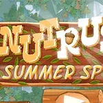 Tittelen Nut Rush Summer Sprint er skrevet med store, lekne bokstaver på en trestokk-bakgrunn med blader rundt