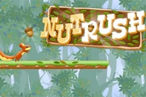 Et ekorn som løper på en gren i en fargerik skog med teksten Nut Rush i bakgrunnen