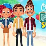 Tre animerte figurer står foran en strandbakgrunn med teksten Ocean Kids Back to School ved siden av dem