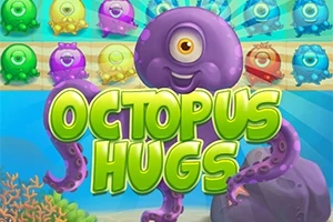 En søt, lilla blekksprut med ett øye omgitt av fargerike skapninger, med teksten Octopus Hugs i front