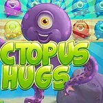 En søt, lilla blekksprut med ett øye omgitt av fargerike skapninger, med teksten Octopus Hugs i front