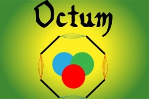 Teksten Octum vises over et heksagon med tre sirkler i rød, grønn og blå på en gul bakgrunn