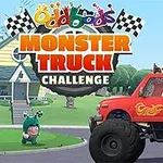 En stor rød monstertruck med flere figurer i fargerike drakter som sitter i og rundt bilen foran hus og flagg