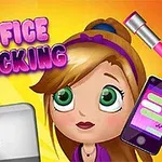 Tegnet jente med stort grønt hårbånd, omgitt av en laptop med kirsebærlogo, telefon og kontorartikler, på en fargerik bakgrunn
