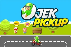 En tegneseriefigur i grønn hjelm kjører motorsykkel på en vei, med to personer og en benk i bakgrunnen, og teksten Jek Pickup vises