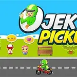 En tegneseriefigur i grønn hjelm kjører motorsykkel på en vei, med to personer og en benk i bakgrunnen, og teksten Jek Pickup vises