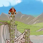 En tegneseriefigur med hjelm og rustning står på en høy steinsøyle i et fjellandskap med flere søyler, omgitt av grønt gress og blå himmel