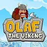 En viking med hjelm og øks står ved siden av teksten Olaf the Viking foran et isete landskap med fjell og blå himmel i bakgrunnen