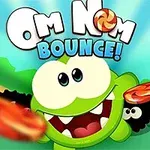 Grønn tegneseriefigur med store øyne og et bredt smil omringet av fargerike elementer og teksten Om Nom Bounce!