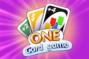 Tre spillkort med symboler for plus fire, plus to, og bytt retning på en lilla bakgrunn med teksten ONE Card game