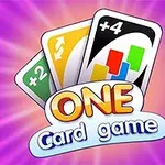 Tre spillkort med symboler for plus fire, plus to, og bytt retning på en lilla bakgrunn med teksten ONE Card game